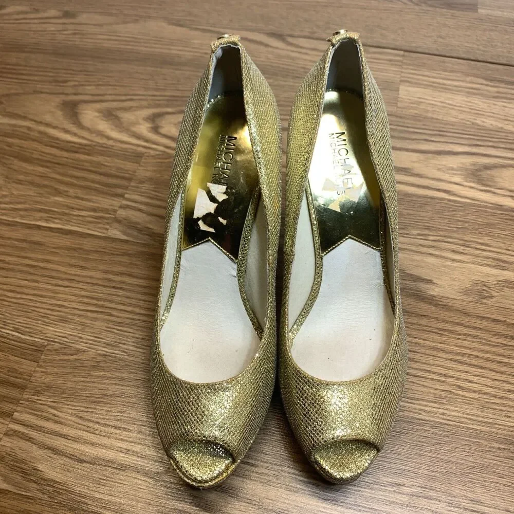 Michael Kors York Pump Open Toe Platform Glitter Silver Gold Size 10M Peep‎ Toe